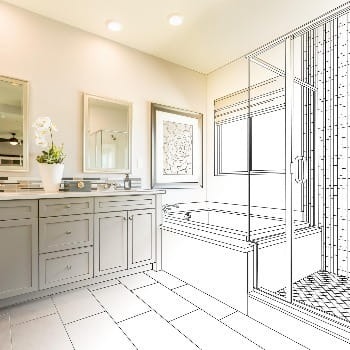 Remodeled bathroom, half photo, half sketch